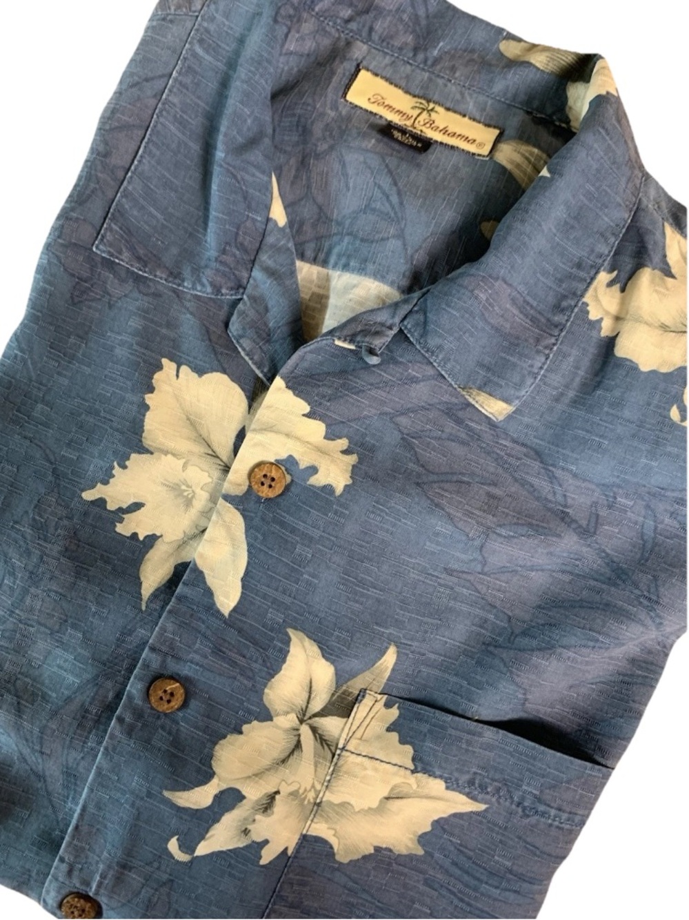 Tommy Bahama Men's L 100% Silk Hawaiian Aloha Shirt Blue Hibiscus Camp - Picture 6 of 13